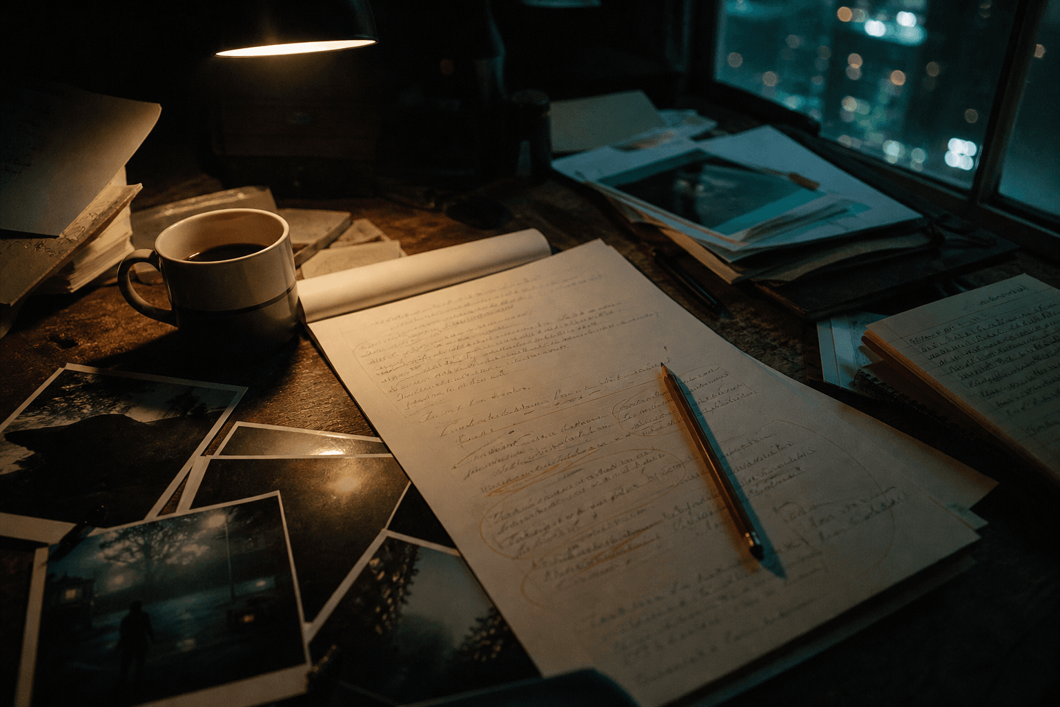 Script pages, notes, and stills on a production table under tungsten light.