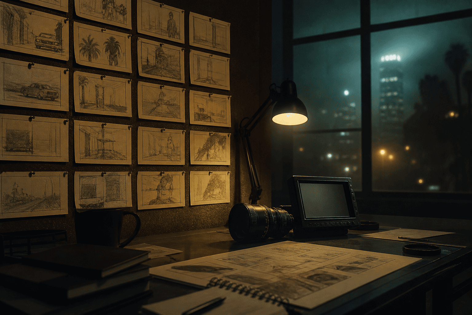 Storyboard frames and camera planning tools on a dark production wall.