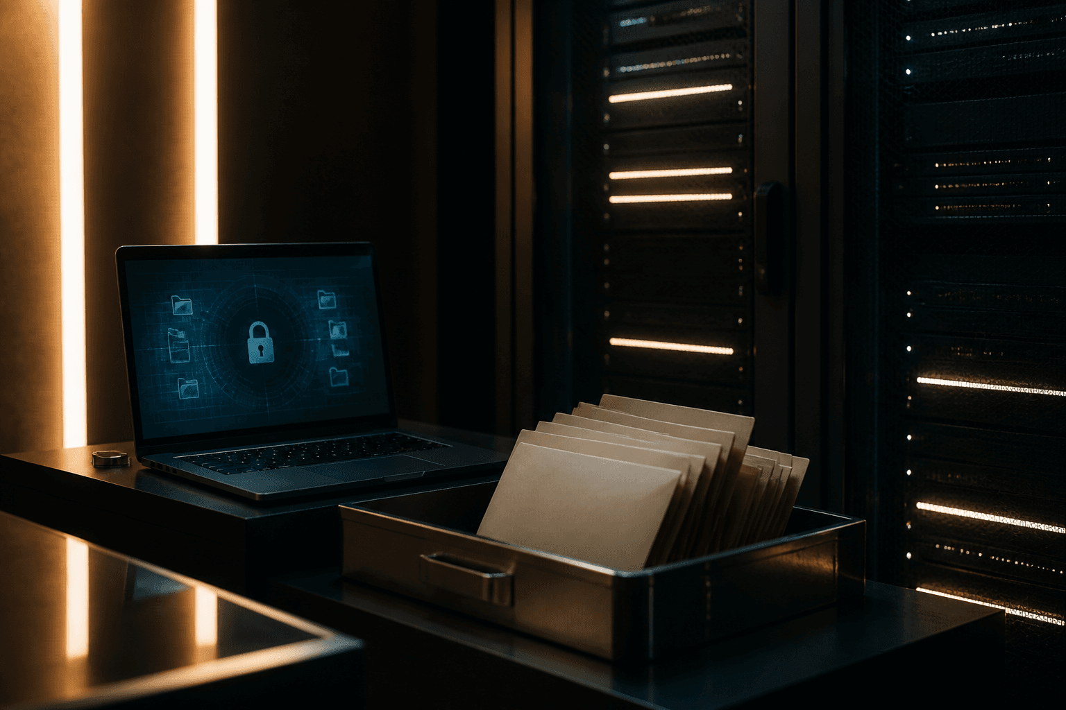 Quiet server room with cream light and a workstation used for access control work.