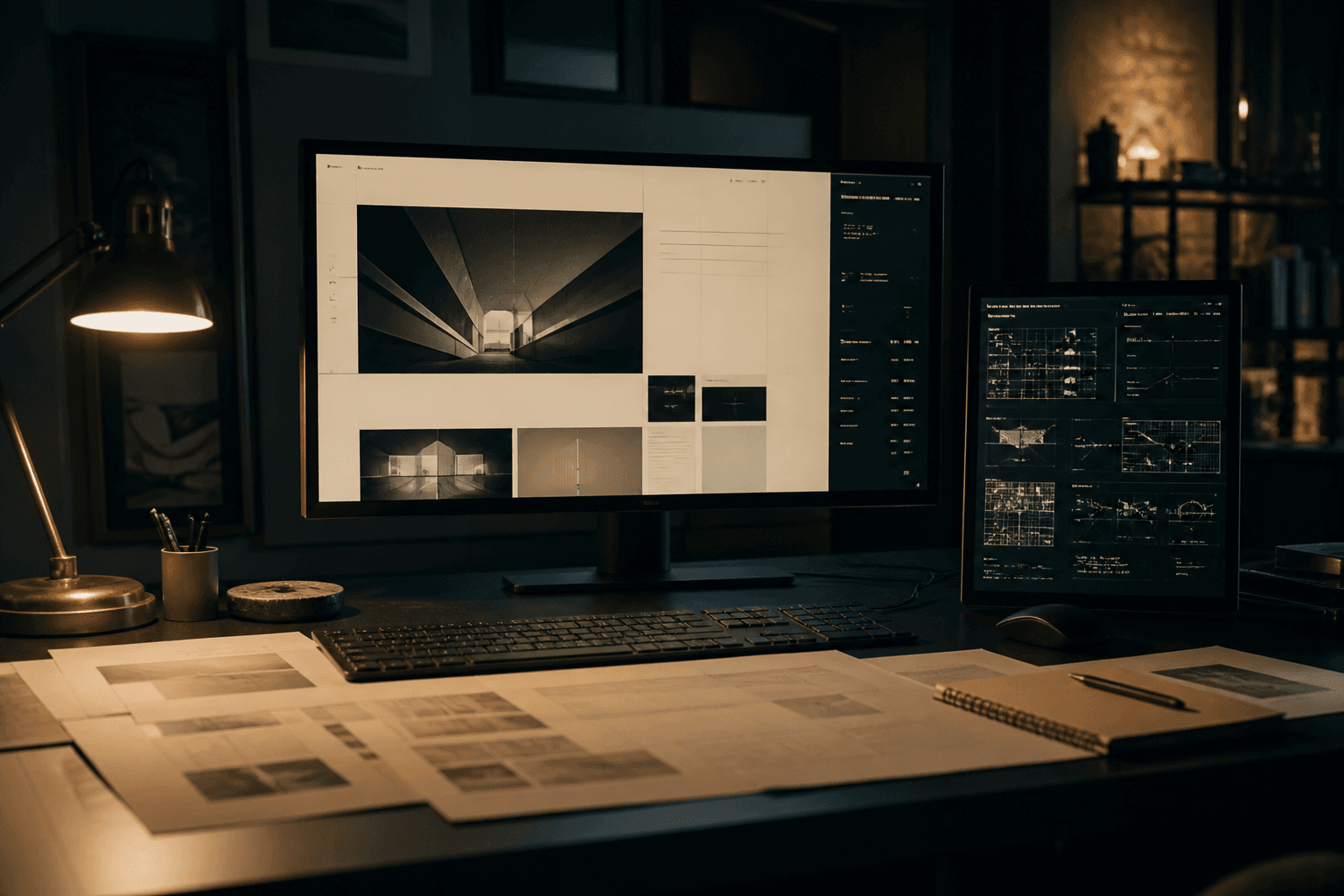 Dark studio desk with monitors showing a custom website layout in cream and charcoal.